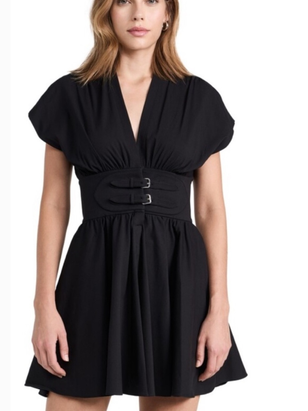 Alexis Black V-Neck Buckle-Waist Mini Dress